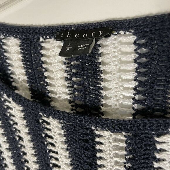 THEORY navy white crochet knit linen blend sweater size Small - Picture 2 of 4